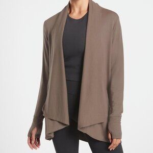 Athleta Pranayama Wrap Open Front Cardigan Brown Stretch Pockets Thumbholes